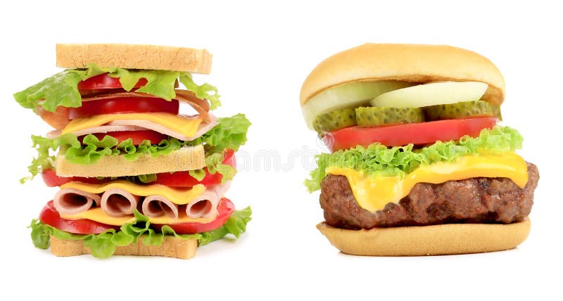 Sandwich and hamburger close up.