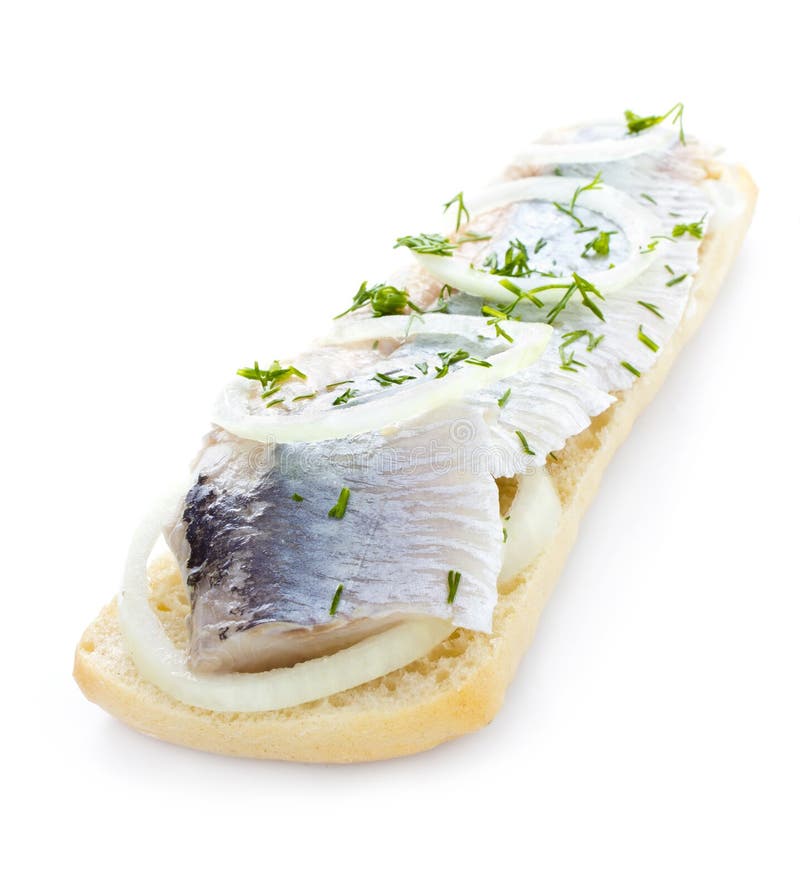 Sandwich with herring and herbs, isolated