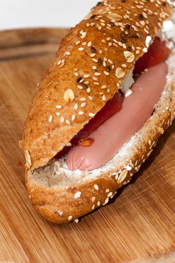 Sandwich with Hot Dog Tomato White Cheese Cereals Stock Image Image