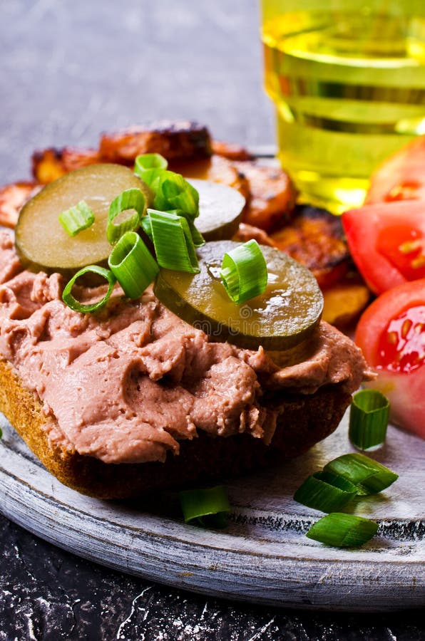 Sandwich with Liver Cheese Spread and Chopped Green Onions Stock Image