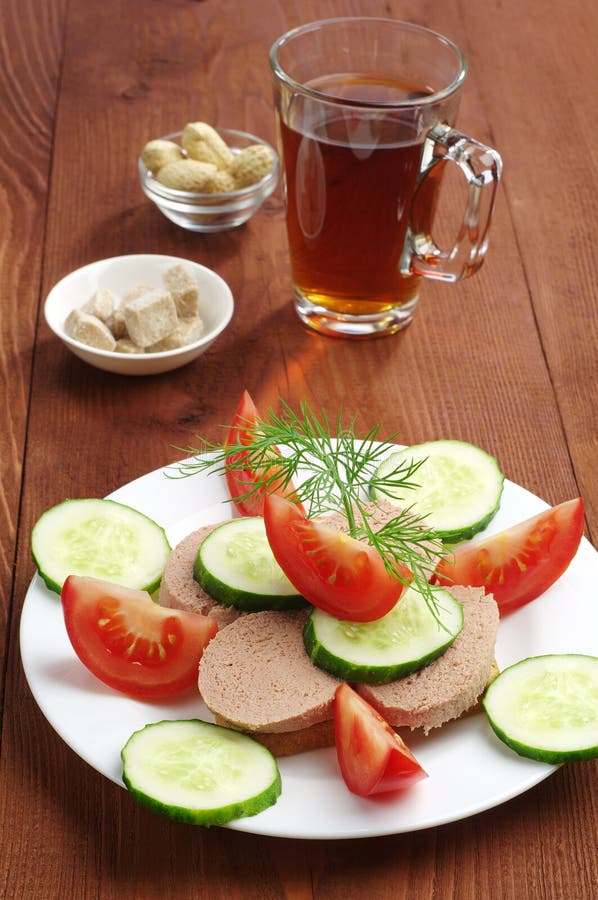 Sandwich with Liver Sausage and Cup Tea Stock Photo Image of culinary