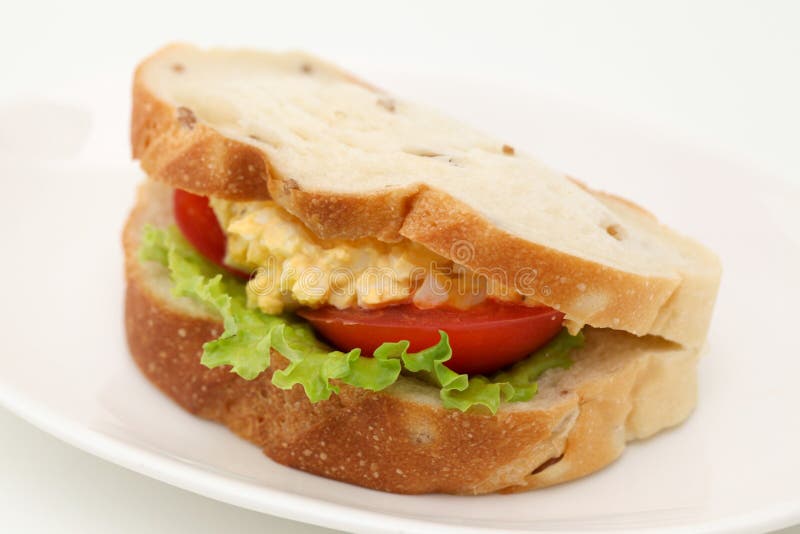 Sandwich med äggtomatsallat på vit bakgrund fotografering för bildbyråer Sandwich med äggtomatsallat på vit bakgrund fotografering för bildbyråer