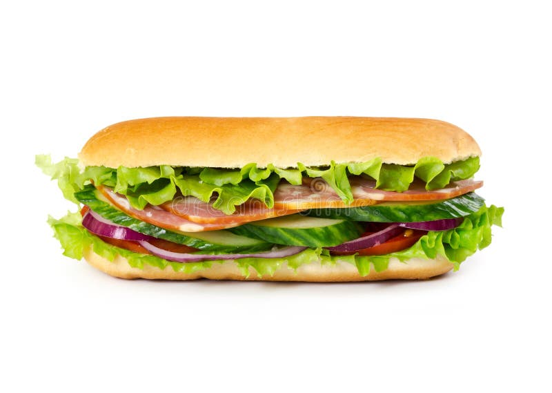 Sandwich mit Schinken-, Tomaten-, Gurken-, Zwiebel- und Salatblättern lizenzfreie stockfotos Sandwich mit Schinken-, Tomaten-, Gurken-, Zwiebel- und Salatblättern lizenzfreie stockfotos