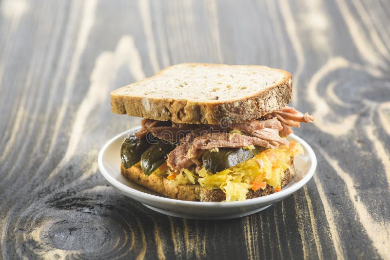 Sandwich with Pulled Pork and Sauerkraut Stock Image Image of