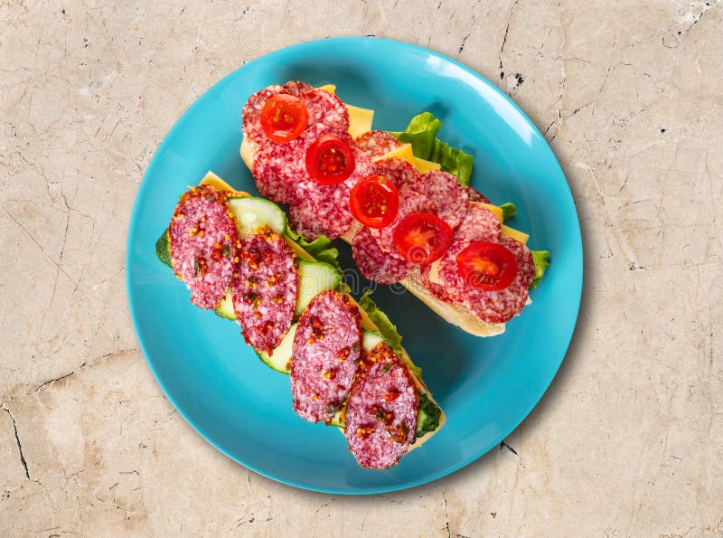 Sandwich with Salami, Cheese and Vegetables Stock Photo Image of