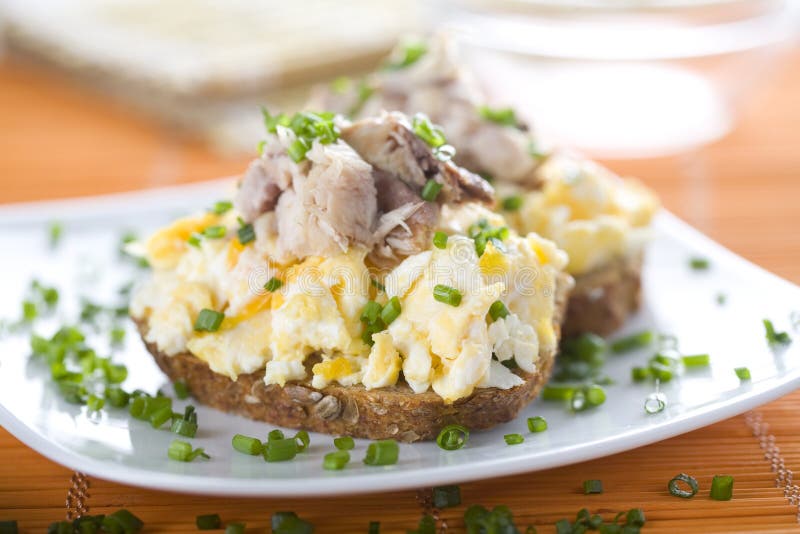 Sandwich with Scrambled Eggs and Mackerel Stock Photo Image of food