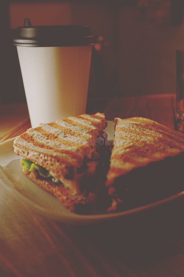 Takeaway Coffee and Breakfast Sandwich with Turkey, Ricotta and Roasted