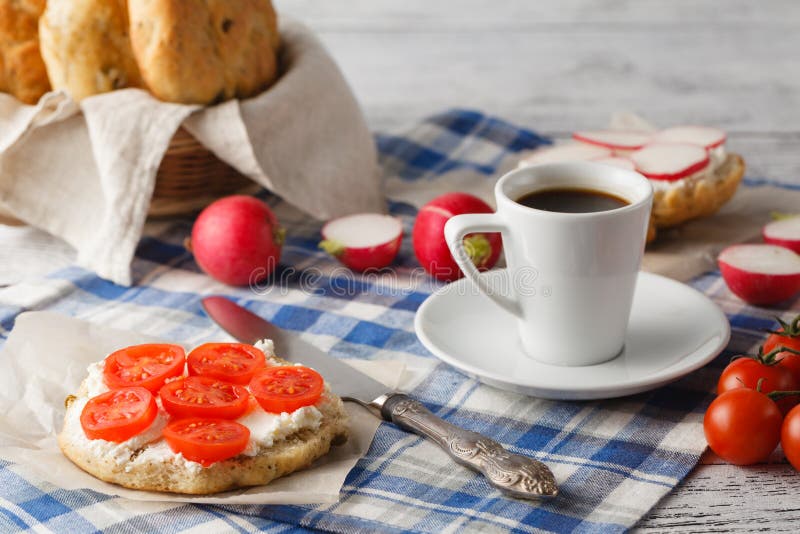 Sandwich with Tomato and Cheese. Breakfast with Coffee Concept Stock
