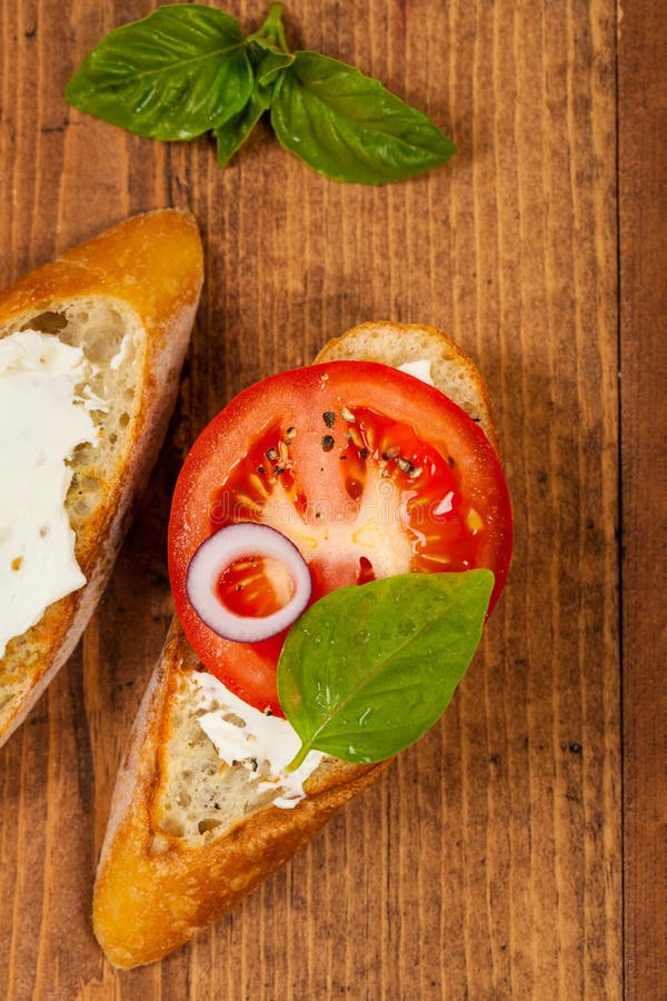 Sandwich with Tomato and Cream Cheese and Basil Stock Photo Image of