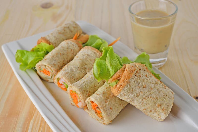 Sandwich Tuna Roll with Mayonnaise and Sesame Sauce Stock Photo Image