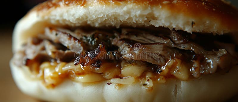 Sandwich épais avec charcuterie grillée mélangée avec du fromage fondu de goyé, le tout niché entre du chaud et du four image libre de droits