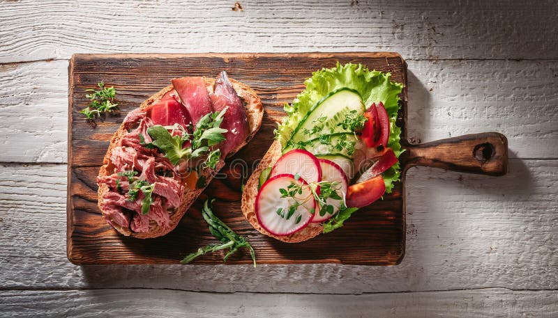 Sandwiches with beef, fresh vegetables and herbs on rustic wooden chopping board over white wood backdrop, top view. royalty free illustration