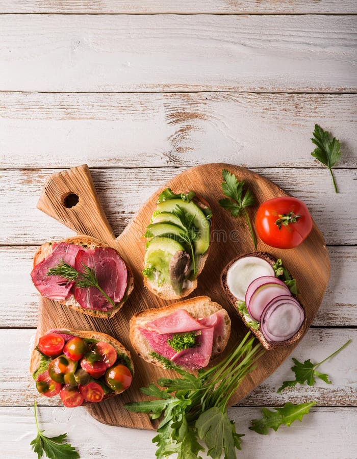 Sandwiches with beef, fresh vegetables and herbs on rustic wooden chopping board over white wood backdrop, top view. stock illustration