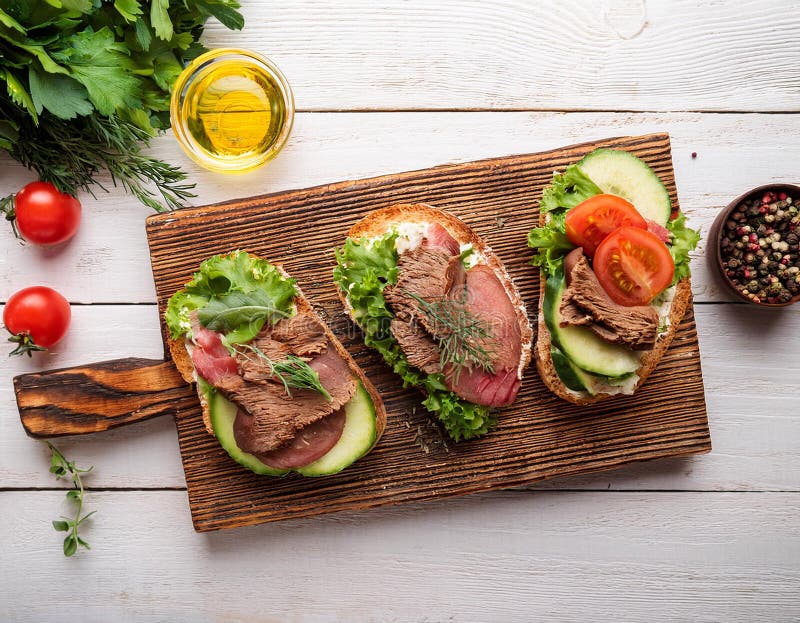 Sandwiches with beef, fresh vegetables and herbs on rustic wooden chopping board over white wood backdrop, top view. vector illustration