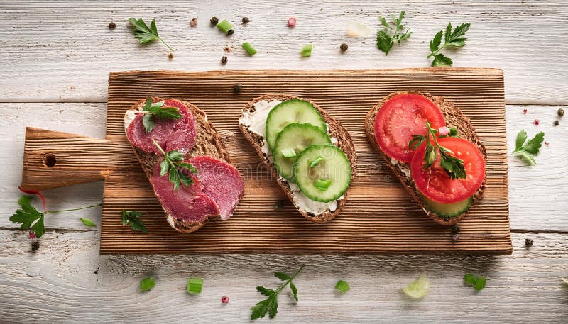Sandwiches with beef, fresh vegetables and herbs on rustic wooden chopping board over white wood backdrop, top view. vector illustration
