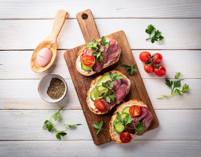 Sandwiches with beef, fresh vegetables and herbs on rustic wooden chopping board over white wood backdrop, top view. vector illustration