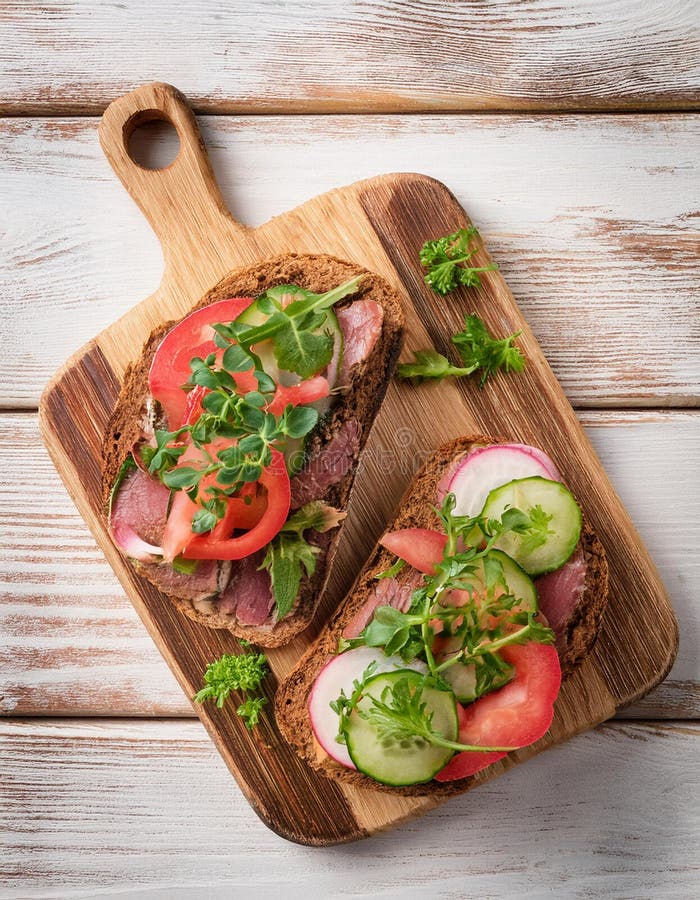 Sandwiches with beef, fresh vegetables and herbs on rustic wooden chopping board over white wood backdrop, top view. vector illustration