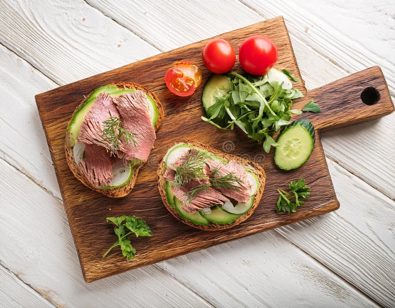 Sandwiches with beef, fresh vegetables and herbs on rustic wooden chopping board over white wood backdrop, top view. vector illustration