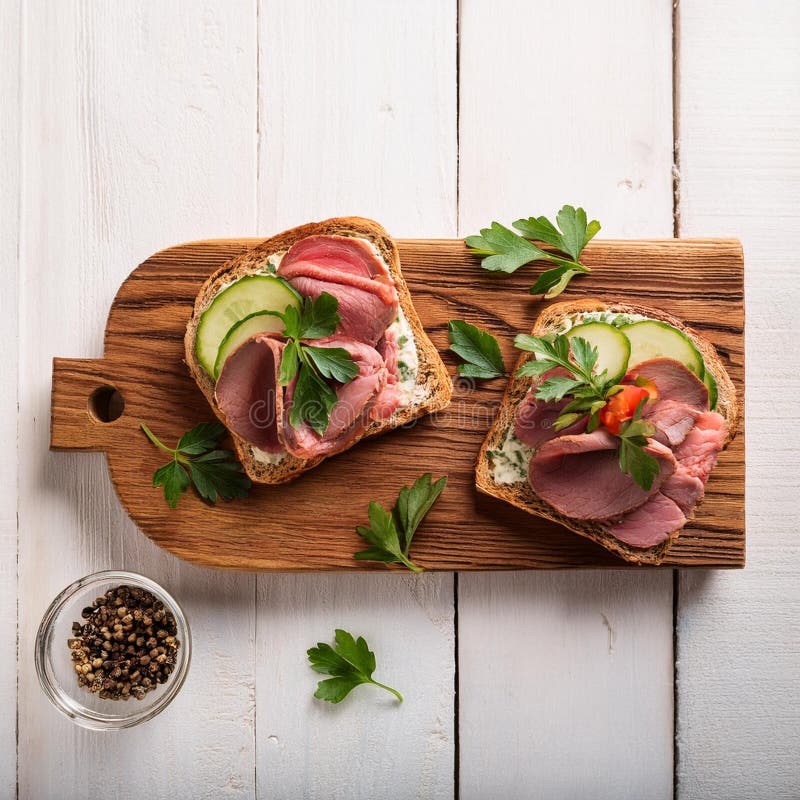 Sandwiches with beef, fresh vegetables and herbs on rustic wooden chopping board over white wood backdrop, top view. vector illustration
