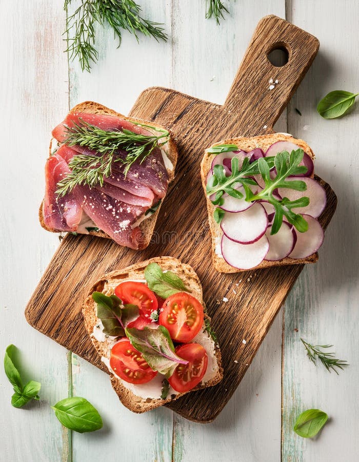 Sandwiches with beef, fresh vegetables and herbs on rustic wooden chopping board over white wood backdrop, top view. stock illustration