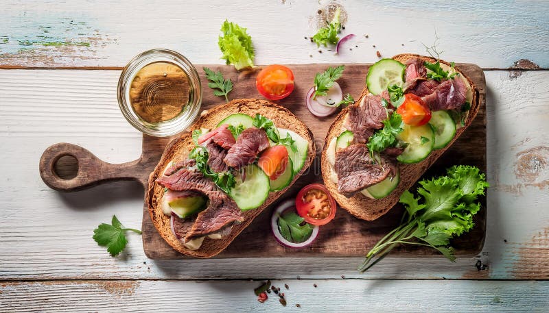 Sandwiches with beef, fresh vegetables and herbs on rustic wooden chopping board over white wood backdrop, top view. royalty free illustration