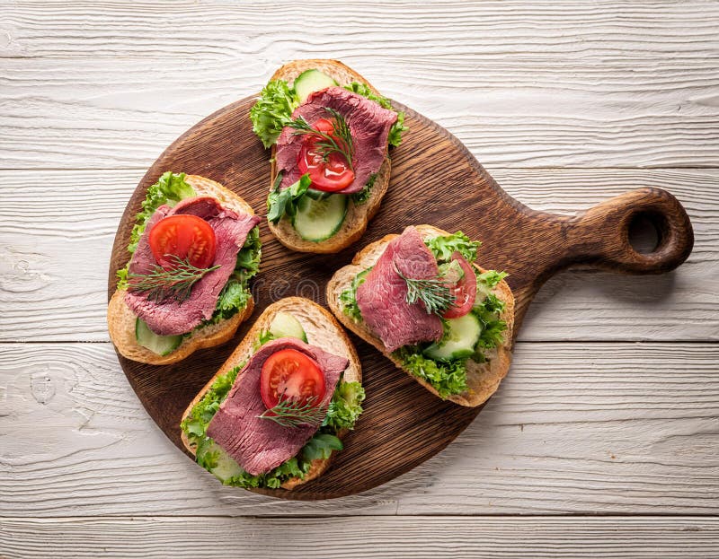 Sandwiches with beef, fresh vegetables and herbs on rustic wooden chopping board over white wood backdrop, top view. vector illustration