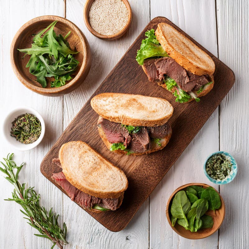 Sandwiches with beef, fresh vegetables and herbs on rustic wooden chopping board over white wood backdrop, top view. royalty free illustration