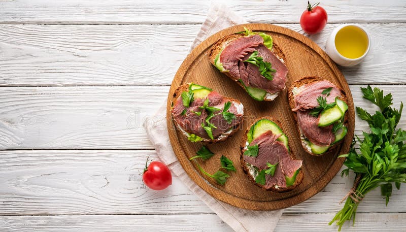 Sandwiches with beef, fresh vegetables and herbs on rustic wooden chopping board over white wood backdrop, top view. vector illustration