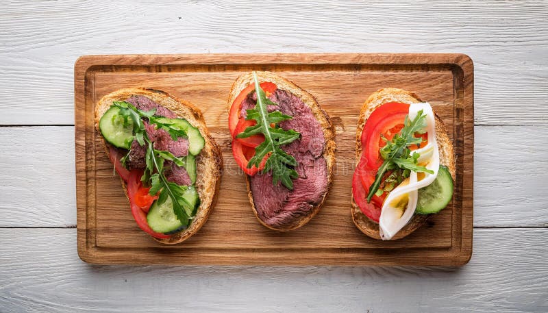 Sandwiches with beef, fresh vegetables and herbs on rustic wooden chopping board over white wood backdrop, top view. royalty free illustration