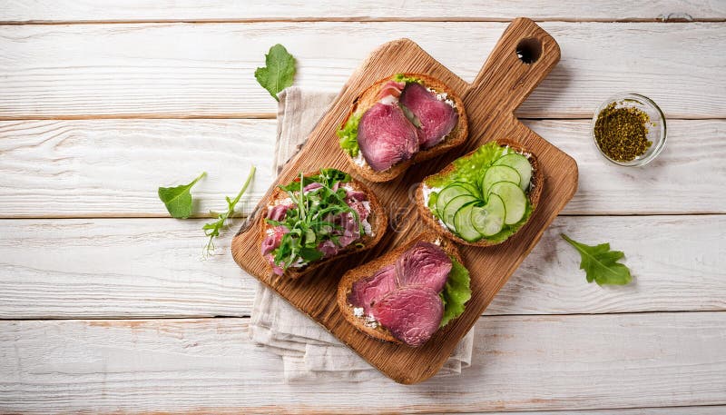 Sandwiches with beef, fresh vegetables and herbs on rustic wooden chopping board over white wood backdrop, top view. vector illustration