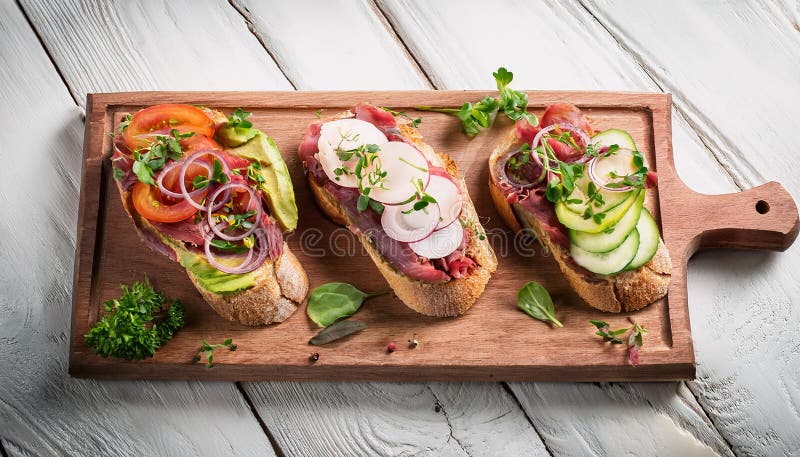 Sandwiches with beef, fresh vegetables and herbs on rustic wooden chopping board over white wood backdrop, top view. stock illustration