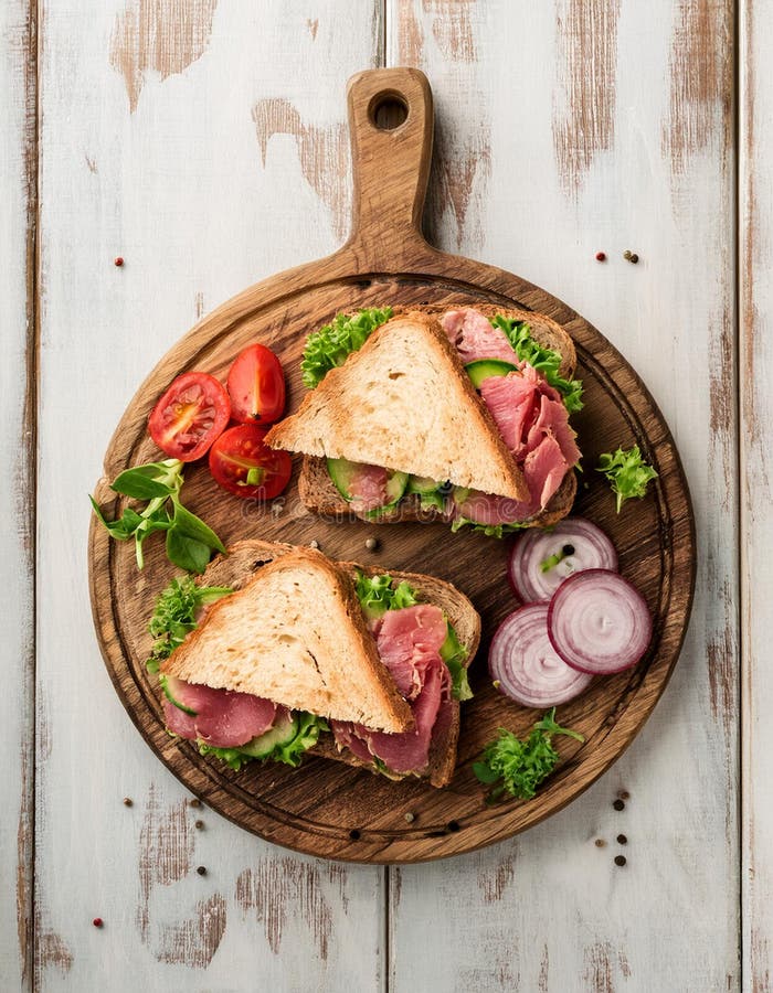 Sandwiches with beef, fresh vegetables and herbs on rustic wooden chopping board over white wood backdrop, top view. royalty free illustration