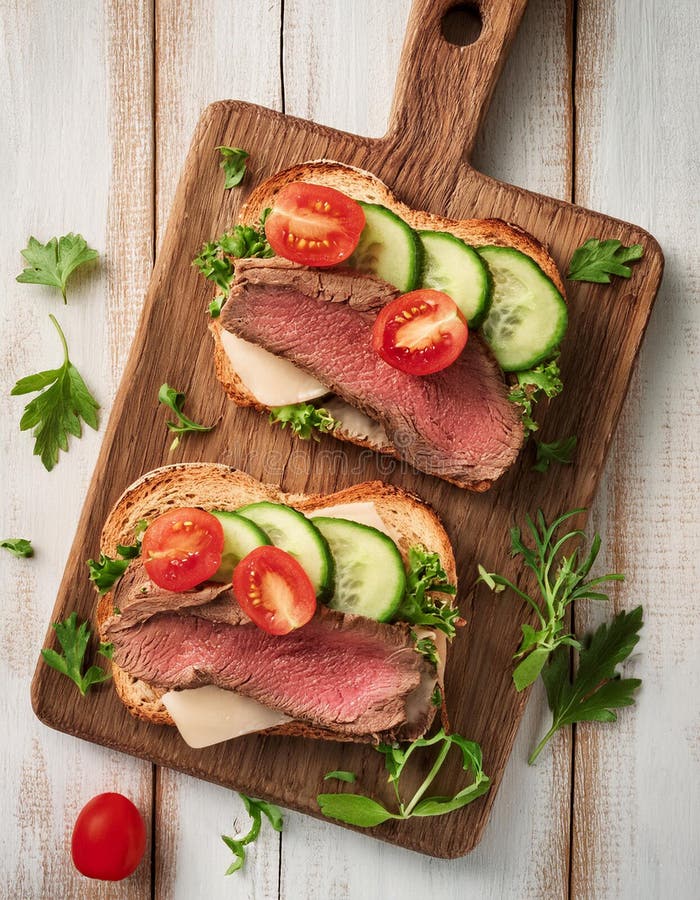 Sandwiches with beef, fresh vegetables and herbs on rustic wooden chopping board over white wood backdrop, top view. royalty free illustration
