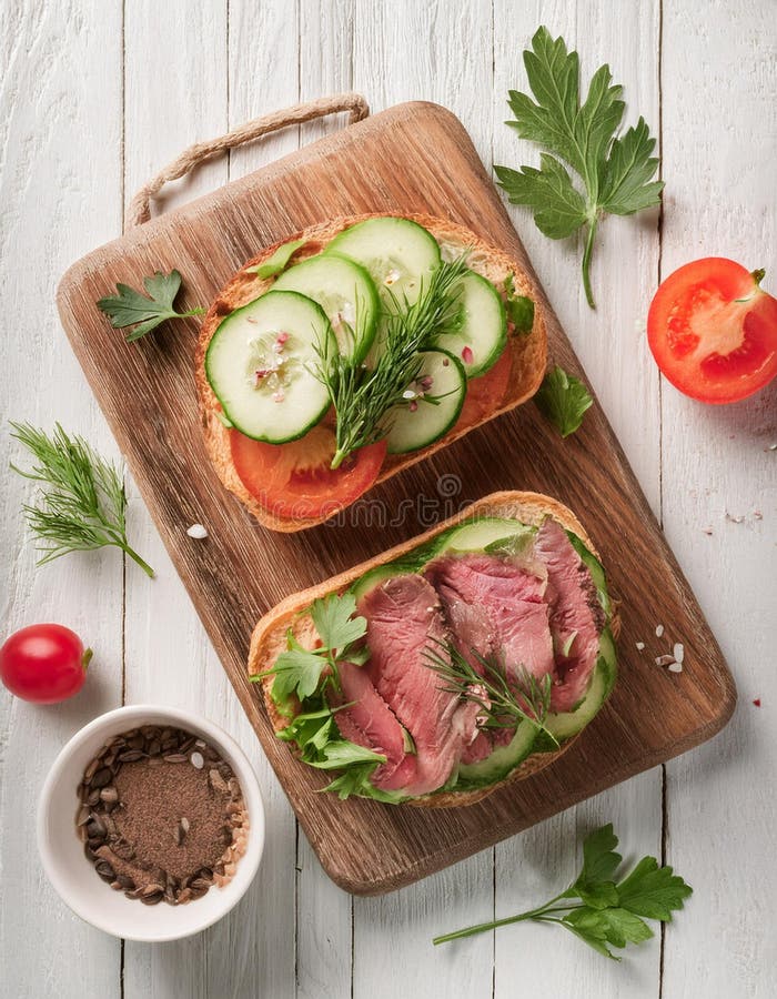 Sandwiches with beef, fresh vegetables and herbs on rustic wooden chopping board over white wood backdrop, top view. stock illustration