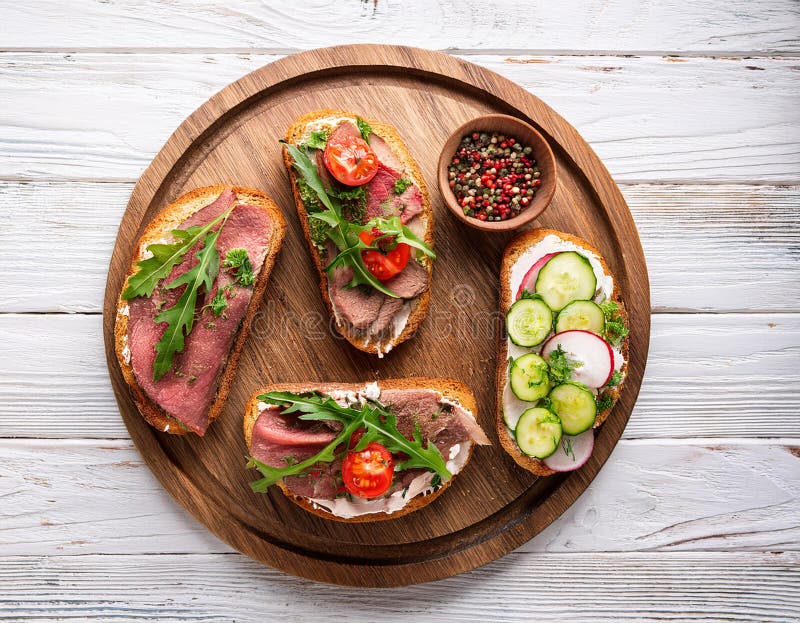 Sandwiches with beef, fresh vegetables and herbs on rustic wooden chopping board over white wood backdrop, top view. vector illustration