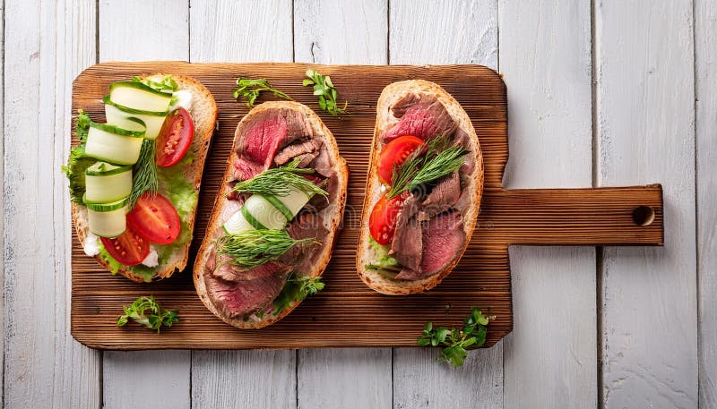 Sandwiches with beef, fresh vegetables and herbs on rustic wooden chopping board over white wood backdrop, top view. royalty free illustration