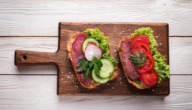 Sandwiches with beef, fresh vegetables and herbs on rustic wooden chopping board over white wood backdrop, top view. vector illustration
