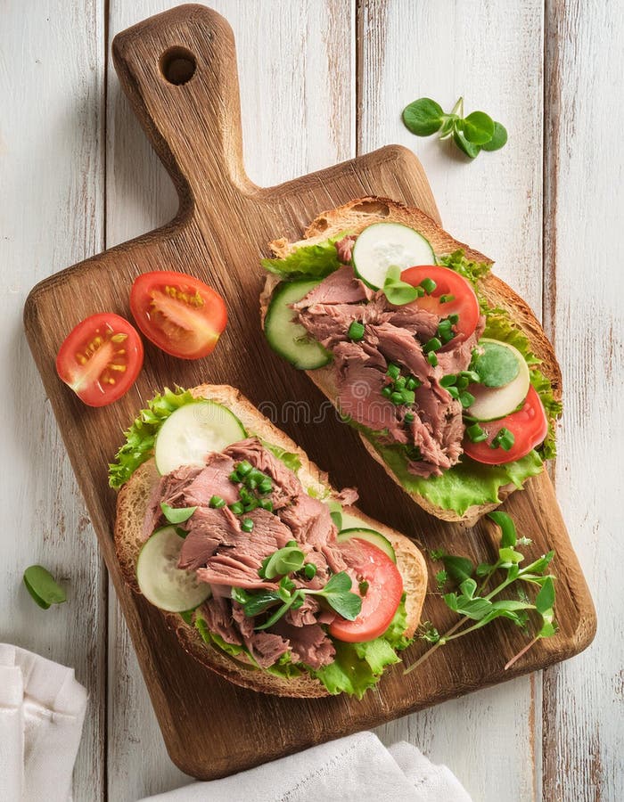 Sandwiches with beef, fresh vegetables and herbs on rustic wooden chopping board over white wood backdrop, top view. stock illustration