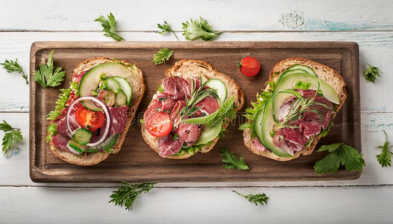 Sandwiches with beef, fresh vegetables and herbs on rustic wooden chopping board over white wood backdrop, top view. vector illustration