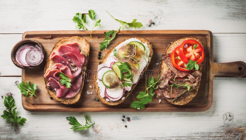 Sandwiches with beef, fresh vegetables and herbs on rustic wooden chopping board over white wood backdrop, top view. stock illustration