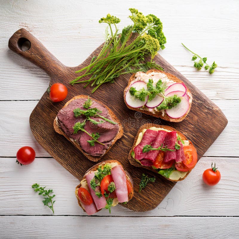 Sandwiches with beef, fresh vegetables and herbs on rustic wooden chopping board over white wood backdrop, top view. stock illustration