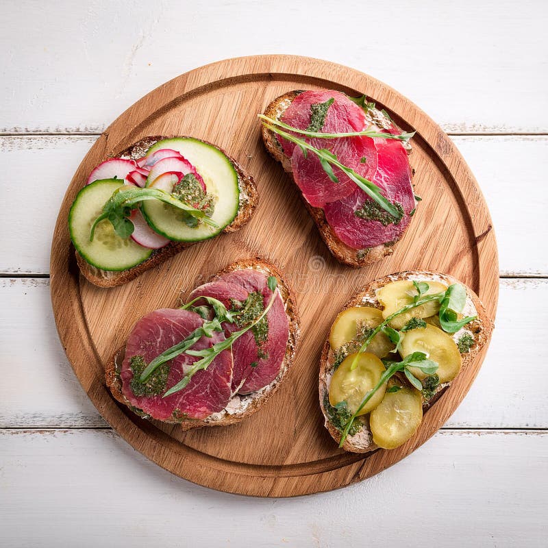 Sandwiches with beef, fresh vegetables and herbs on rustic wooden chopping board over white wood backdrop, top view. vector illustration