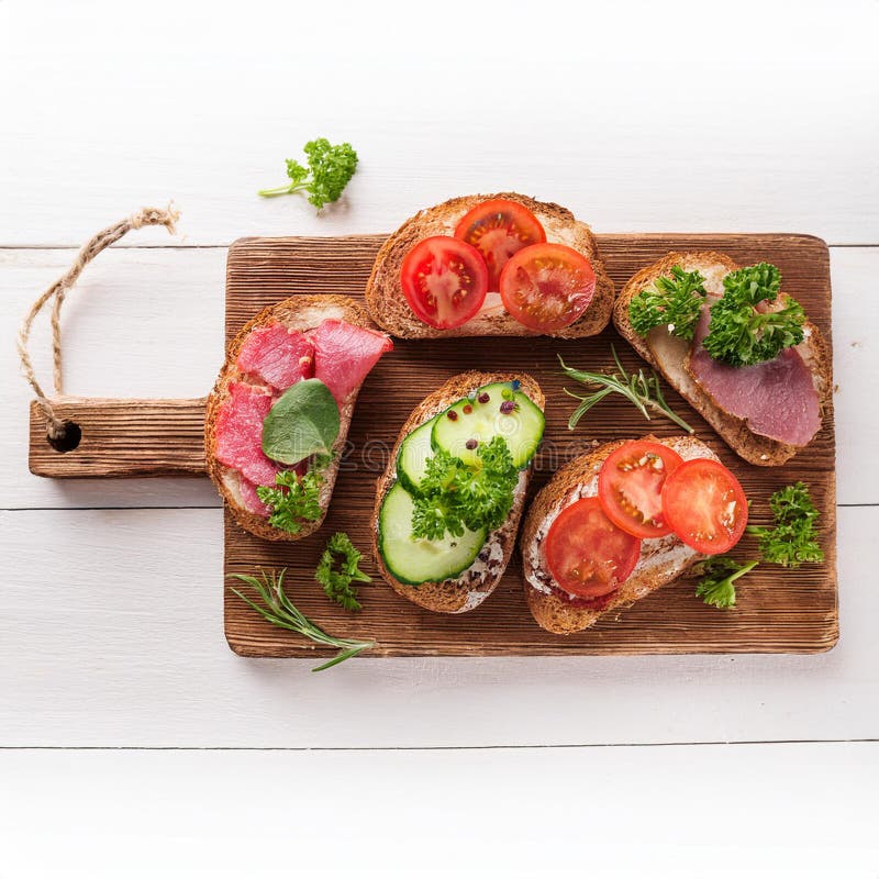 Sandwiches with beef, fresh vegetables and herbs on rustic wooden chopping board over white wood backdrop, top view. stock illustration