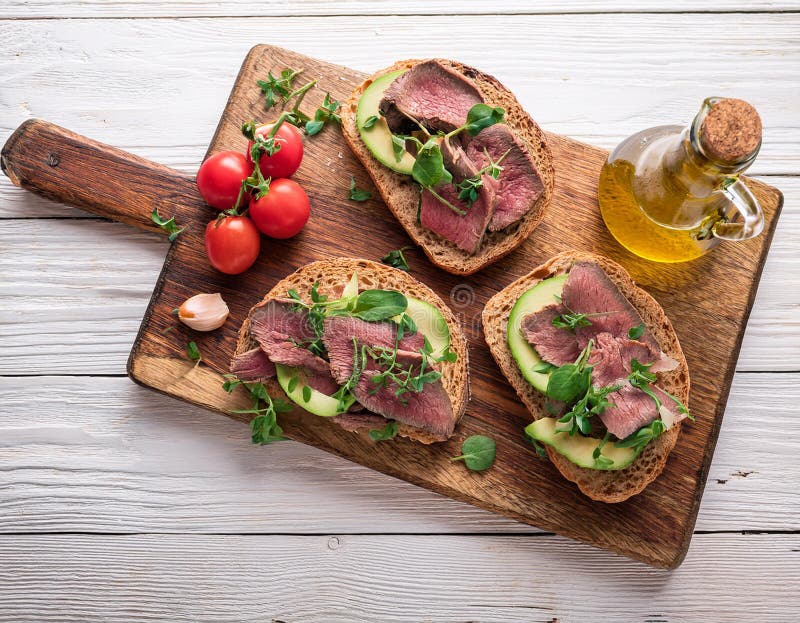 Sandwiches with beef, fresh vegetables and herbs on rustic wooden chopping board over white wood backdrop, top view. vector illustration