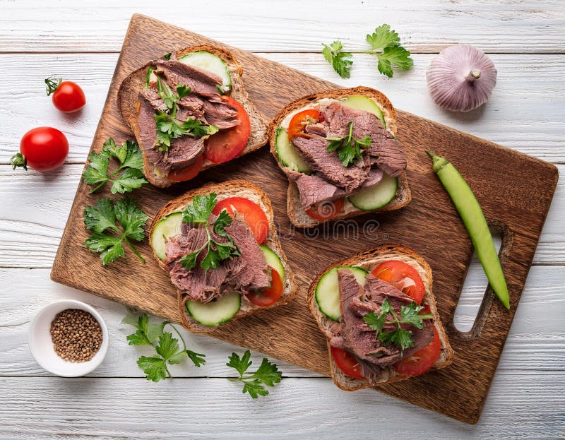 Sandwiches with beef, fresh vegetables and herbs on rustic wooden chopping board over white wood backdrop, top view. vector illustration