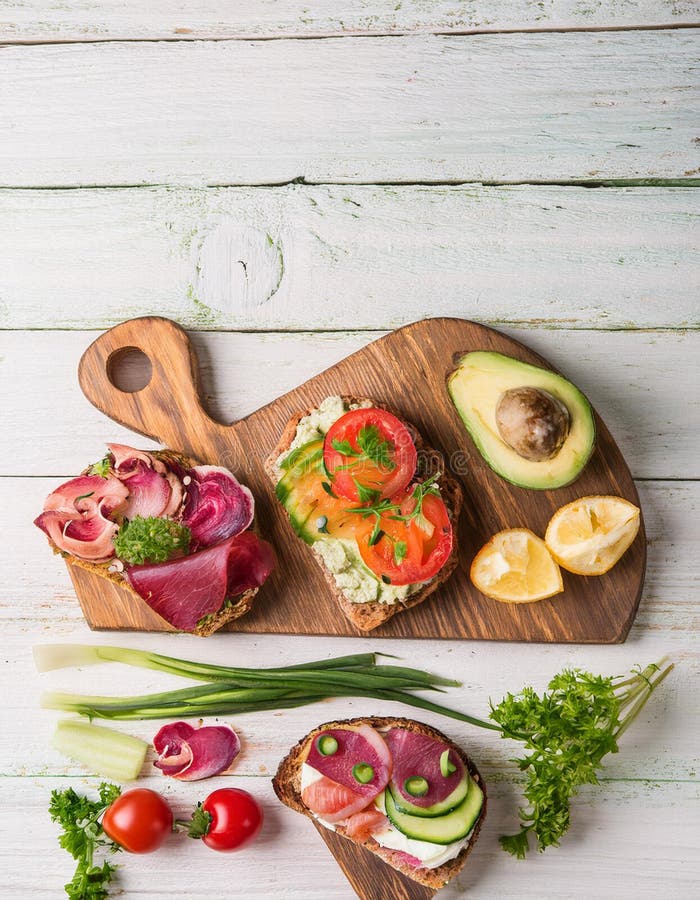 Sandwiches with beef, fresh vegetables and herbs on rustic wooden chopping board over white wood backdrop, top view. vector illustration
