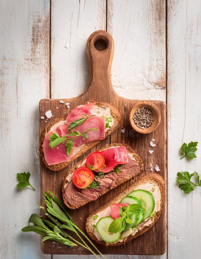 Sandwiches with beef, fresh vegetables and herbs on rustic wooden chopping board over white wood backdrop, top view. vector illustration