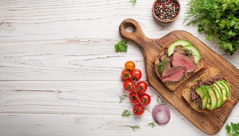 Sandwiches with beef, fresh vegetables and herbs on rustic wooden chopping board over white wood backdrop, top view. stock illustration
