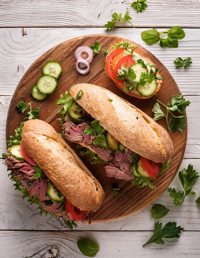 Sandwiches with beef, fresh vegetables and herbs on rustic wooden chopping board over white wood backdrop, top view. vector illustration