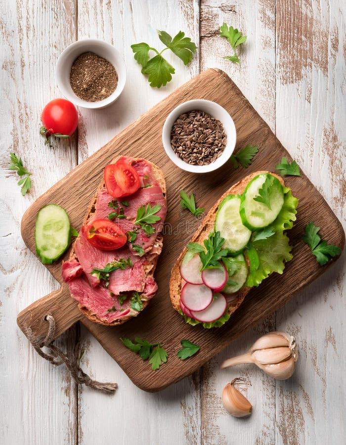 Sandwiches with beef, fresh vegetables and herbs on rustic wooden chopping board over white wood backdrop, top view. stock illustration
